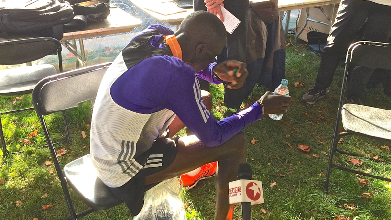 Dominic Ondoro seconds after winning Twin Cities Marathon in a course record 2:08.51. Photo credit: Sarah Barker